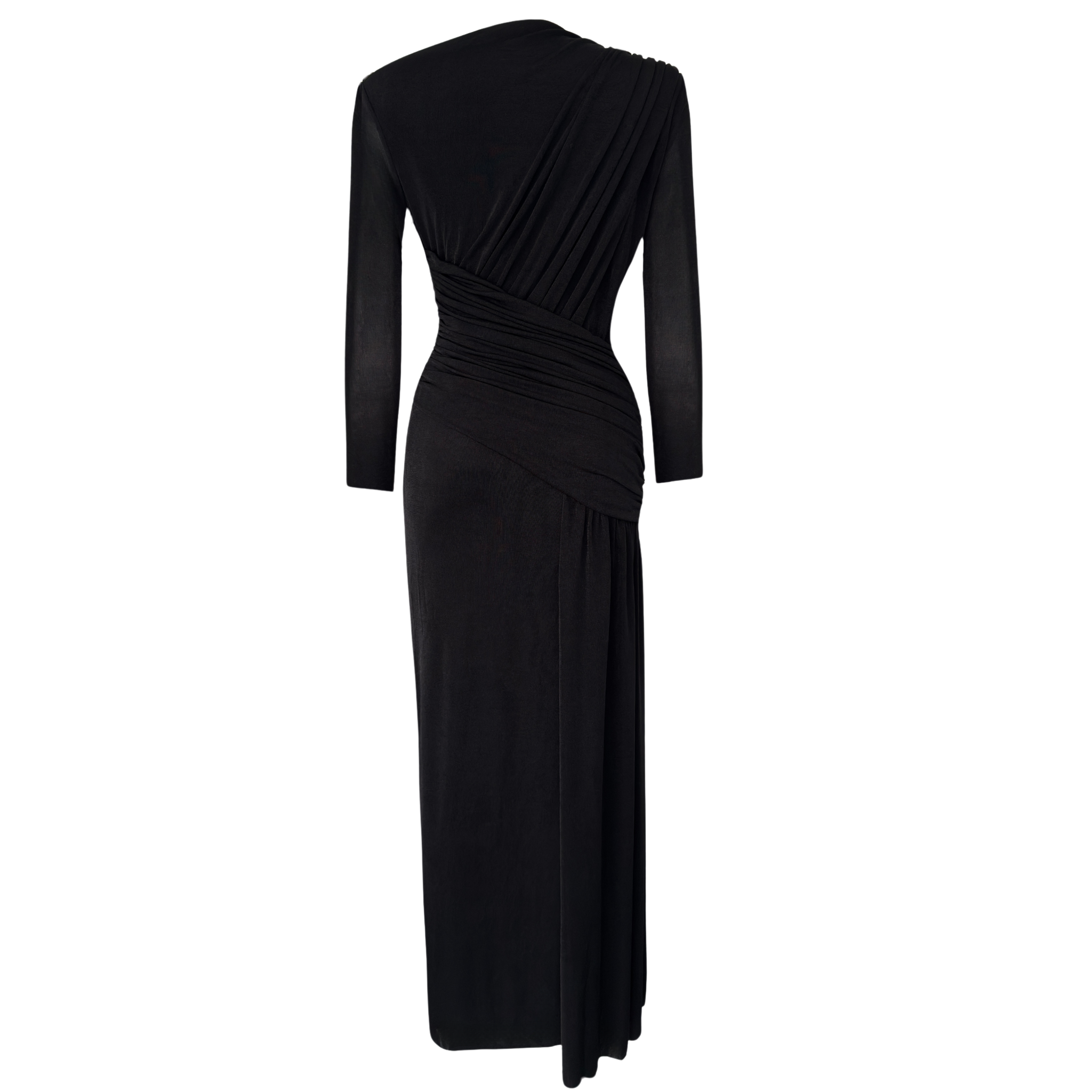 DRAPE DETAYLI MAKSİ BOY DÖKÜMLÜ ELBİSE SİYAH