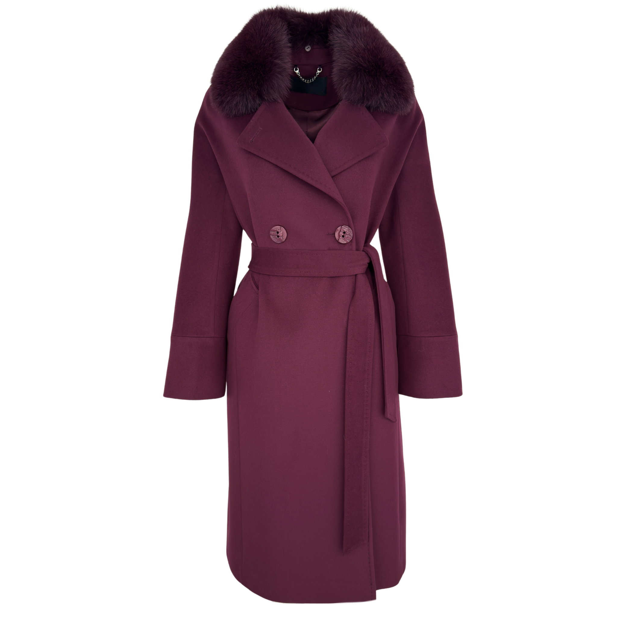ÇIKARILABİLİR KÜRK DETAYLI CASHMERE KARIŞIMLI KABAN BORDO