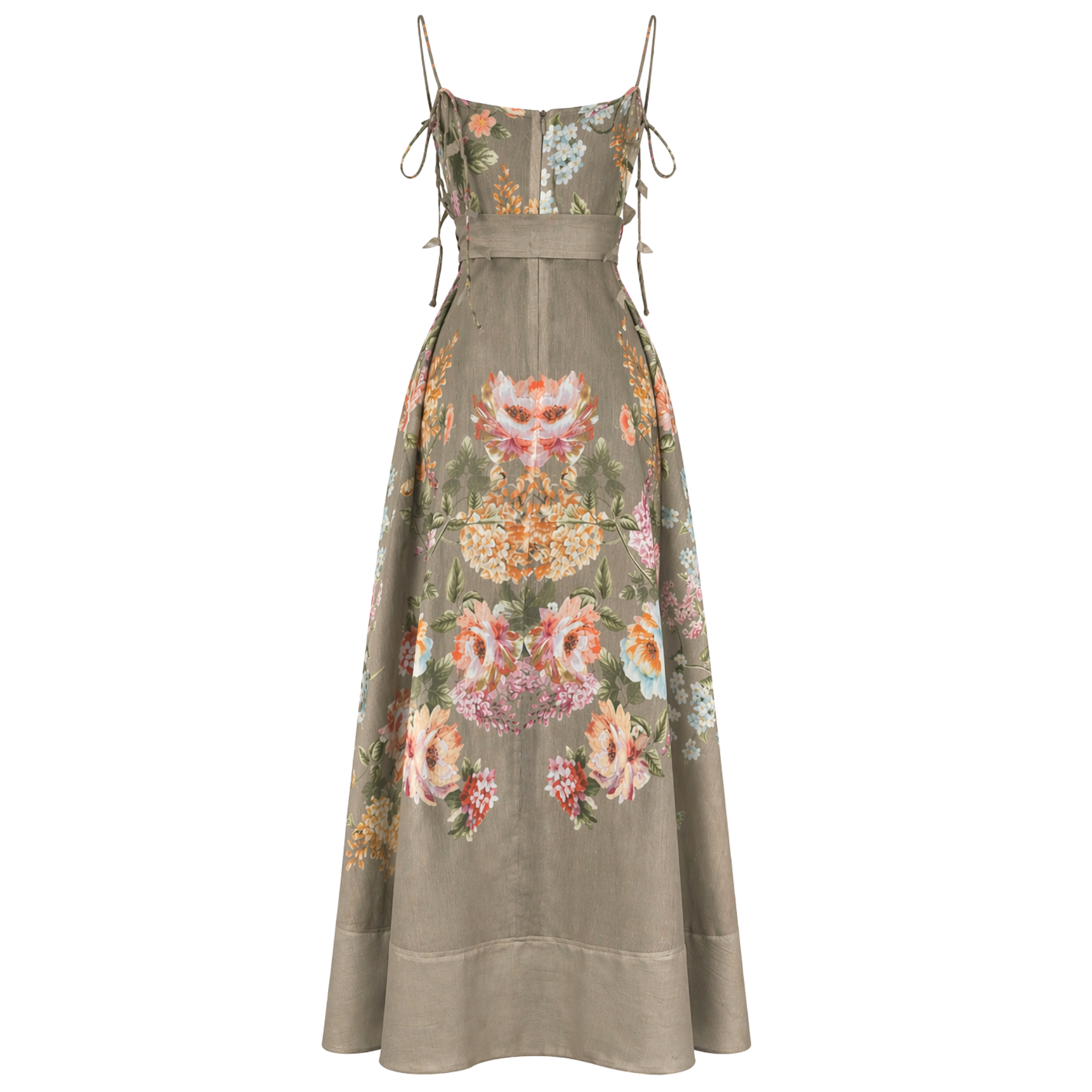 FLORAL DESEN PİLE DETAY MAKSİ BOY ELBİSE HAKİ