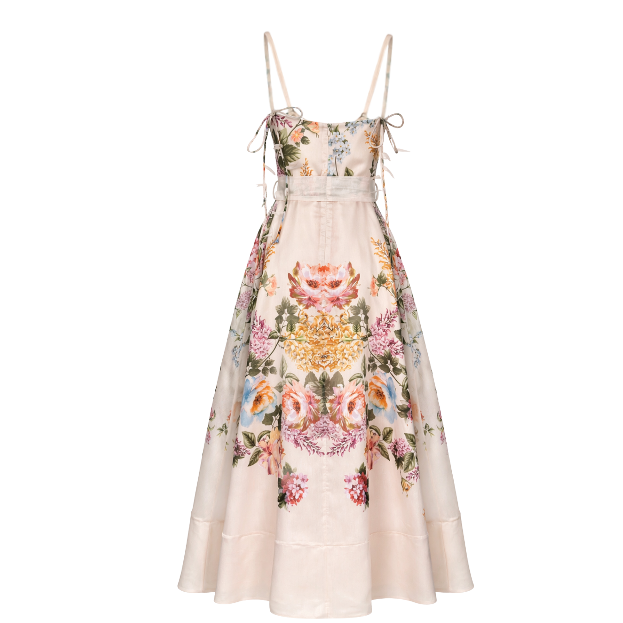 FLORAL DESEN PİLE DETAY MAKSİ BOY ELBİSE BEJ