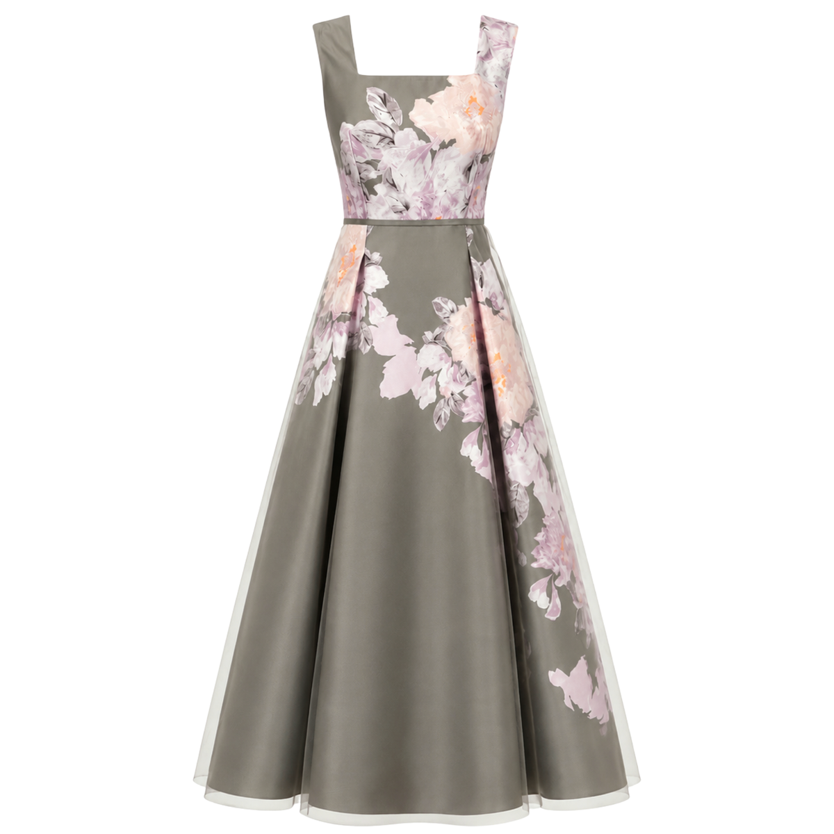 KARE YAKA FLORAL DESEN ELBİSE HAKİ
