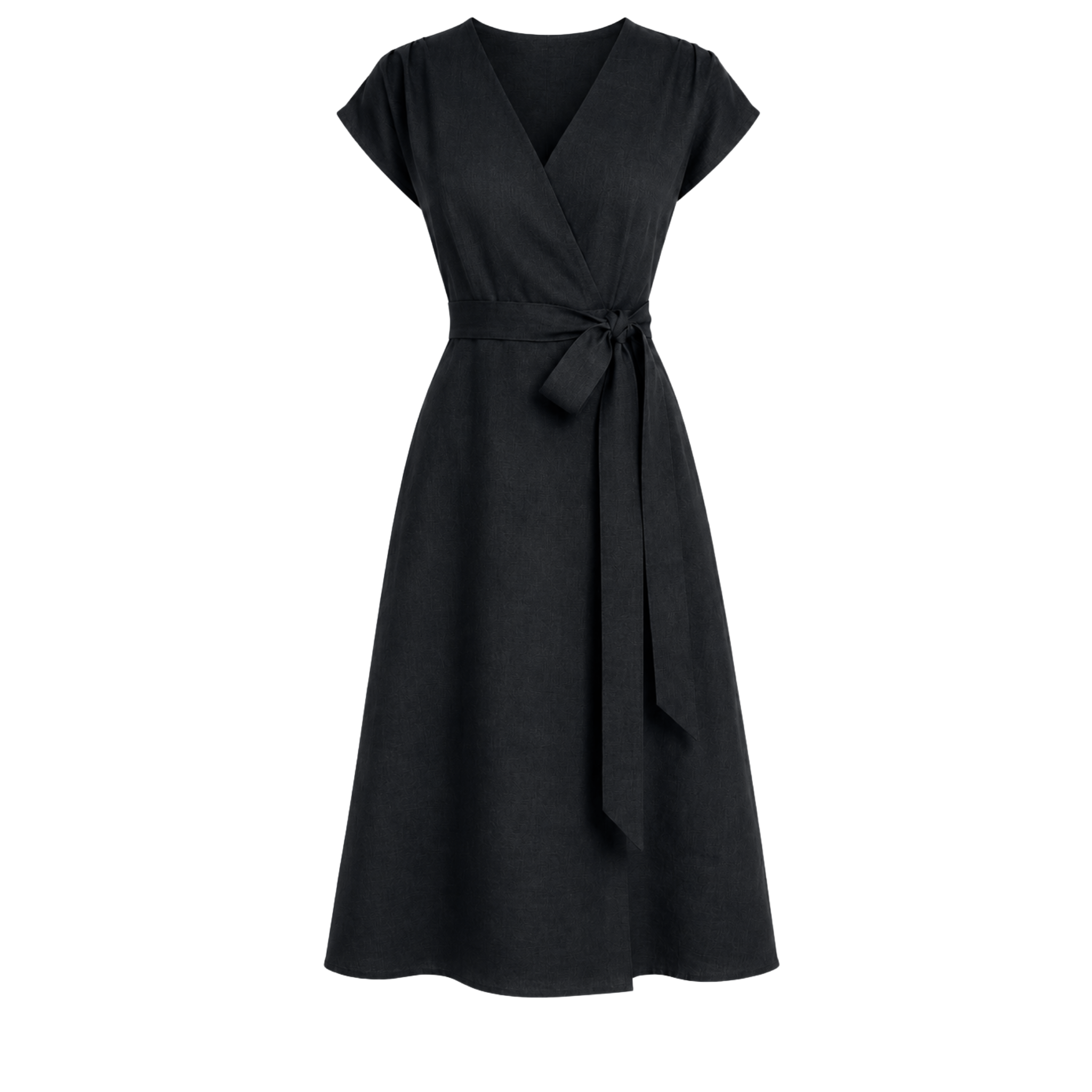 %100 KETEN KRUVAZE YAKA ELBİSE SİYAH