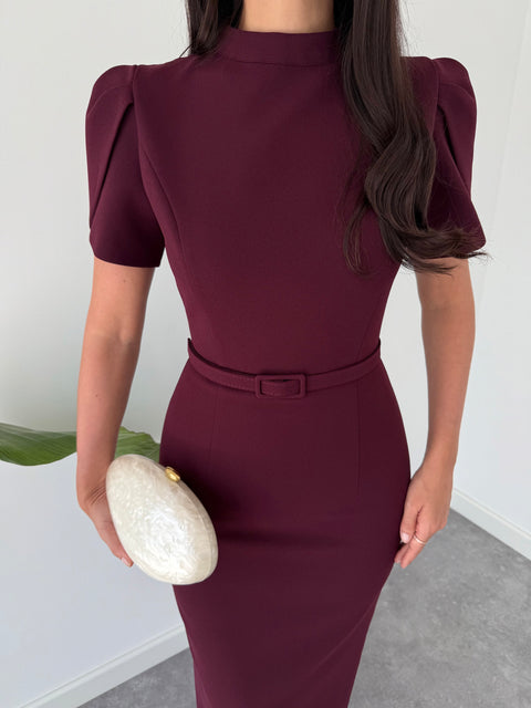 DİK YAKA KEMER DETAY KALEM ELBİSE BORDO