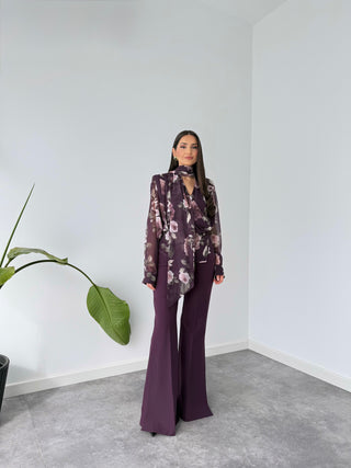 FLORAL DESEN ŞAL YAKA KRUVAZE ŞİFON BLUZ MOR