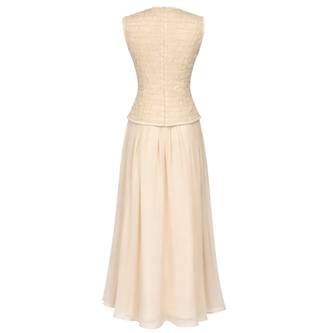 3D ÇİÇEK APLİKELİ ÇİFT PARÇA GÖRÜNÜMLÜ ELBİSE KREM