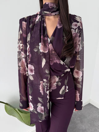 FLORAL DESEN ŞAL YAKA KRUVAZE ŞİFON BLUZ MOR