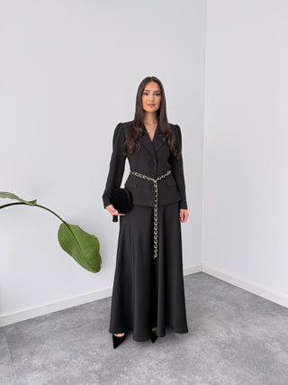 BELİ ZİNCİR AKSESUARLI ETEKLİ TAKIM SİYAH