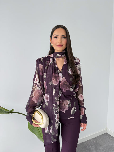 FLORAL DESEN ŞAL YAKA KRUVAZE ŞİFON BLUZ MOR