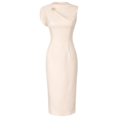 ASİMETRİK KOL KALEM ELBİSE EKRU