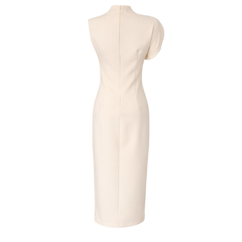 ASİMETRİK KOL KALEM ELBİSE EKRU