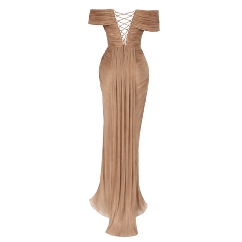 ASİMETRİK YAKA DRAPELİ UZUN ABİYE ELBİSE KOYU GOLD