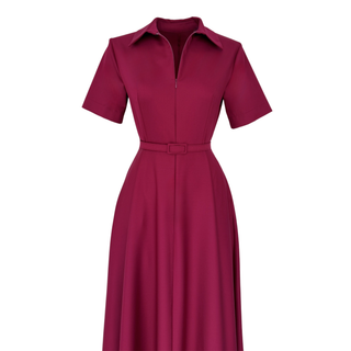 BELT DETAILED ZIPPERED COLLAR DRESS CLARET RED