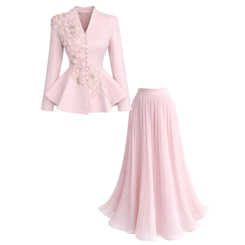 FLORAL İŞLEMELİ CEKET VE ETEK TAKIM PEMBE