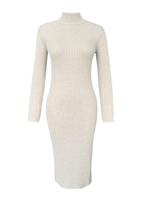 DİK YAKA MİDİ BOY TRİKO ELBİSE TAŞ - Tek beden