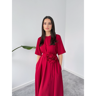 ROSE DETAILED SHORT SLEEVE OVERSIZED DRESS DARK RED