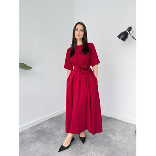 ROSE DETAILED SHORT SLEEVE OVERSIZED DRESS DARK RED