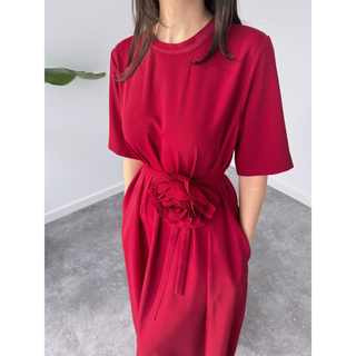 ROSE DETAILED SHORT SLEEVE OVERSIZED DRESS DARK RED