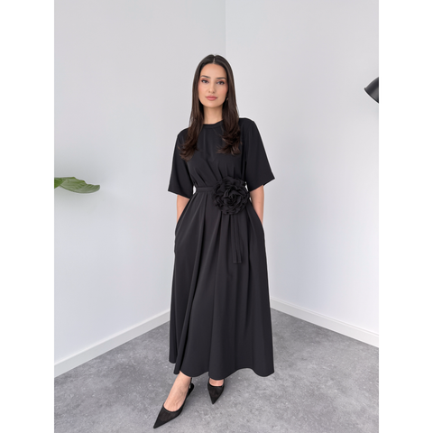 ROSE DETAILED SHORT SLEEVE OVERSIZED DRESS BLACK