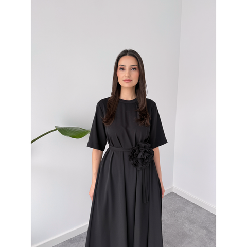 ROSE DETAILED SHORT SLEEVE OVERSIZED DRESS BLACK