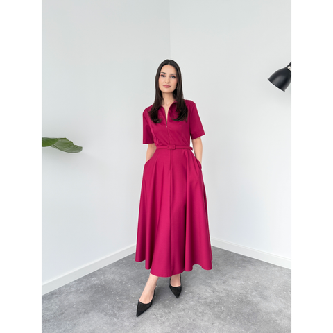 فستان بياقة بسحاب وحزام مفصل أحمر كلاريت