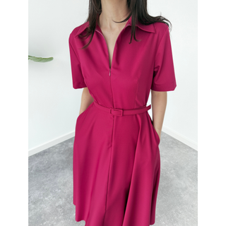 BELT DETAILED ZIPPERED COLLAR DRESS CLARET RED