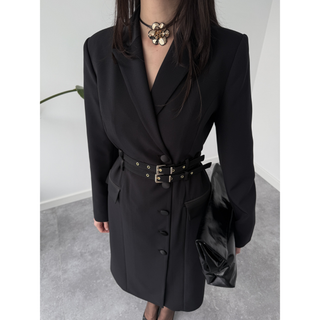 DOUBLE BELT JACKET COLLAR DRESS BLACK