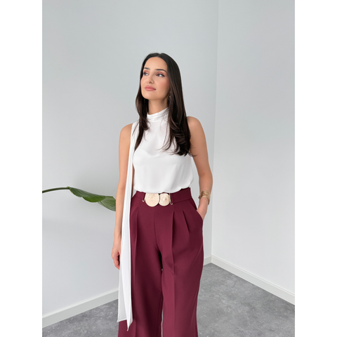 تفاصيل الحزام، بنطلون ذو تاج مزدوج، أحمر كلاريت