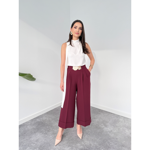 BELT DETAILED DOUBLE LEG TROUSERS CLARET RED