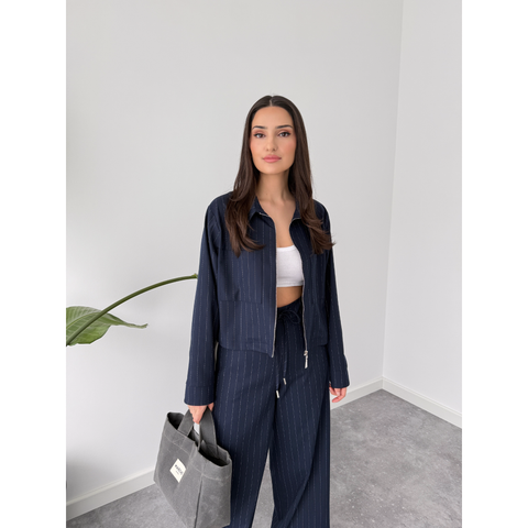 DORY FERMUAR DETAYLI ÇİZGİLİ CEKET LACİVERT