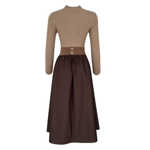 TRİKO GARNİLİ PARAŞÜT KUMAŞ ELBİSE KAHVE