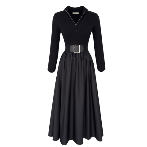 TRİKO GARNİLİ PARAŞÜT KUMAŞ ELBİSE SİYAH