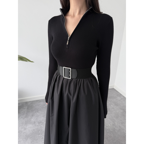 TRİKO GARNİLİ PARAŞÜT KUMAŞ ELBİSE SİYAH