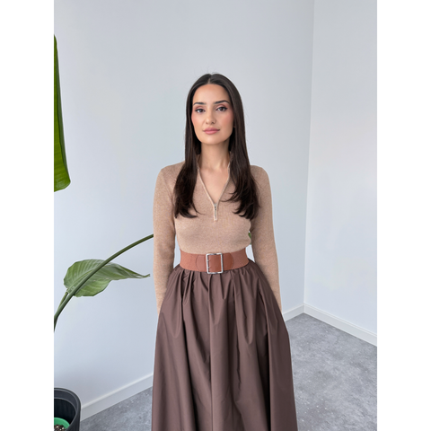 TRİKO GARNİLİ PARAŞÜT KUMAŞ ELBİSE KAHVE