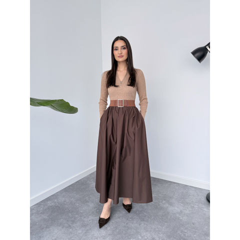 TRİKO GARNİLİ PARAŞÜT KUMAŞ ELBİSE KAHVE