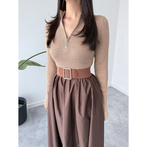 TRİKO GARNİLİ PARAŞÜT KUMAŞ ELBİSE KAHVE