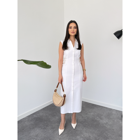 BELİ AKSESUARLI LİKRALI GABARDİN ELBİSE EKRU