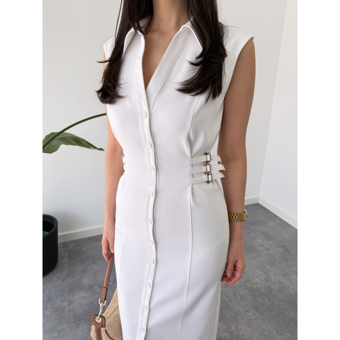 BELİ AKSESUARLI LİKRALI GABARDİN ELBİSE EKRU