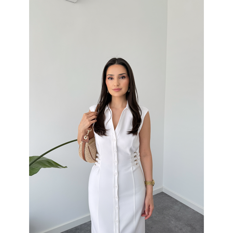 BELİ AKSESUARLI LİKRALI GABARDİN ELBİSE EKRU