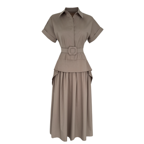 ETEĞİ VOLANLI MAKSİ BOY ELBİSE KAHVERENGİ