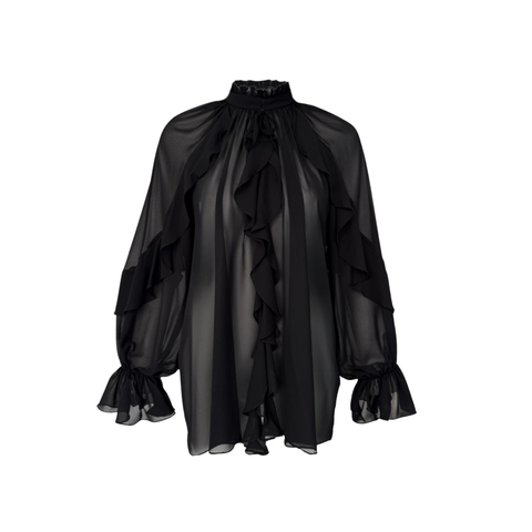 VOLANLI TRANSPARAN ŞİFON BLUZ SİYAH