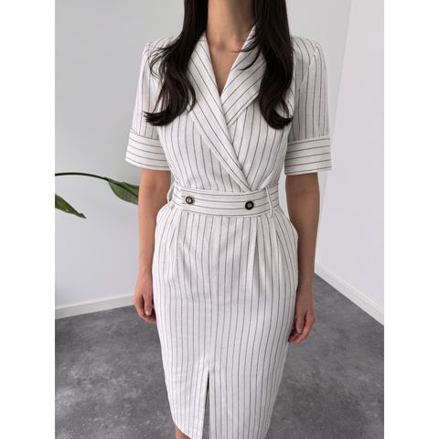 CEKET YAKA KEMER DETAY ELBİSE EKRU