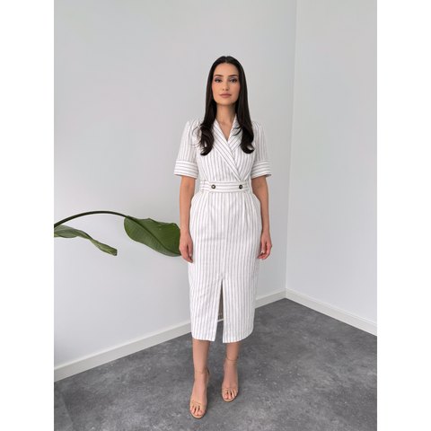 CEKET YAKA KEMER DETAY ELBİSE EKRU