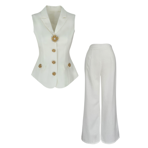 LUIZA KRİSTAL TAŞ DÜĞMELİ TAKIM EKRU