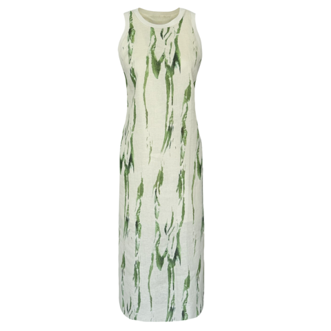 YANLARDAN YIRTMAÇLI %100 KETEN ELBİSE YEŞİL