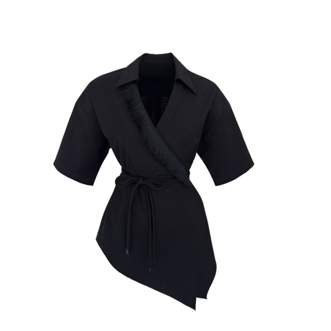 PÜSKÜL DETAYLI KRUVAZE BLUZ SİYAH