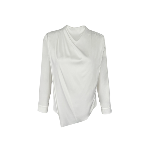 ASİMETRİK KESİM OMZU DÜĞMELİ SATEN BLUZ