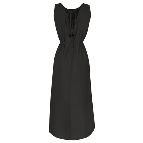 SIRT DEKOLTELİ %100 KETEN ELBİSE SİYAH