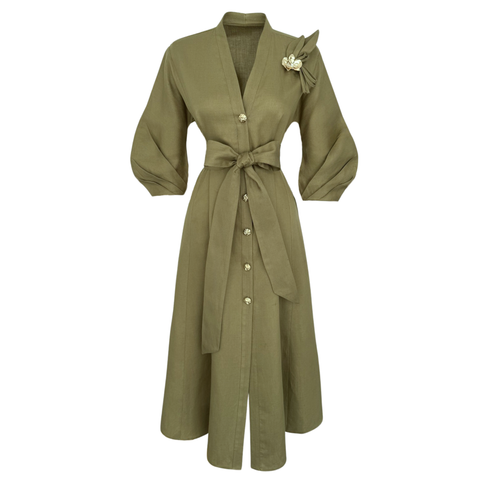 BROŞ DETAYLI YARASA KOL MAKSİ ELBİSE HAKİ