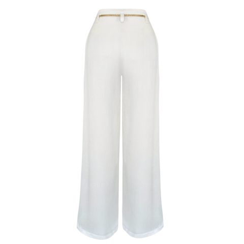 BELİ ZİNCİR AKSESUARLI PİLELİ GENİŞ PAÇA PANTOLON EKRU