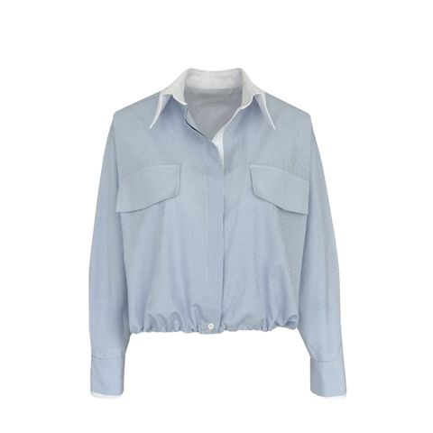 BÜZGÜ DETAYLI ÇİZGİLİ GÖMLEK MAVİ